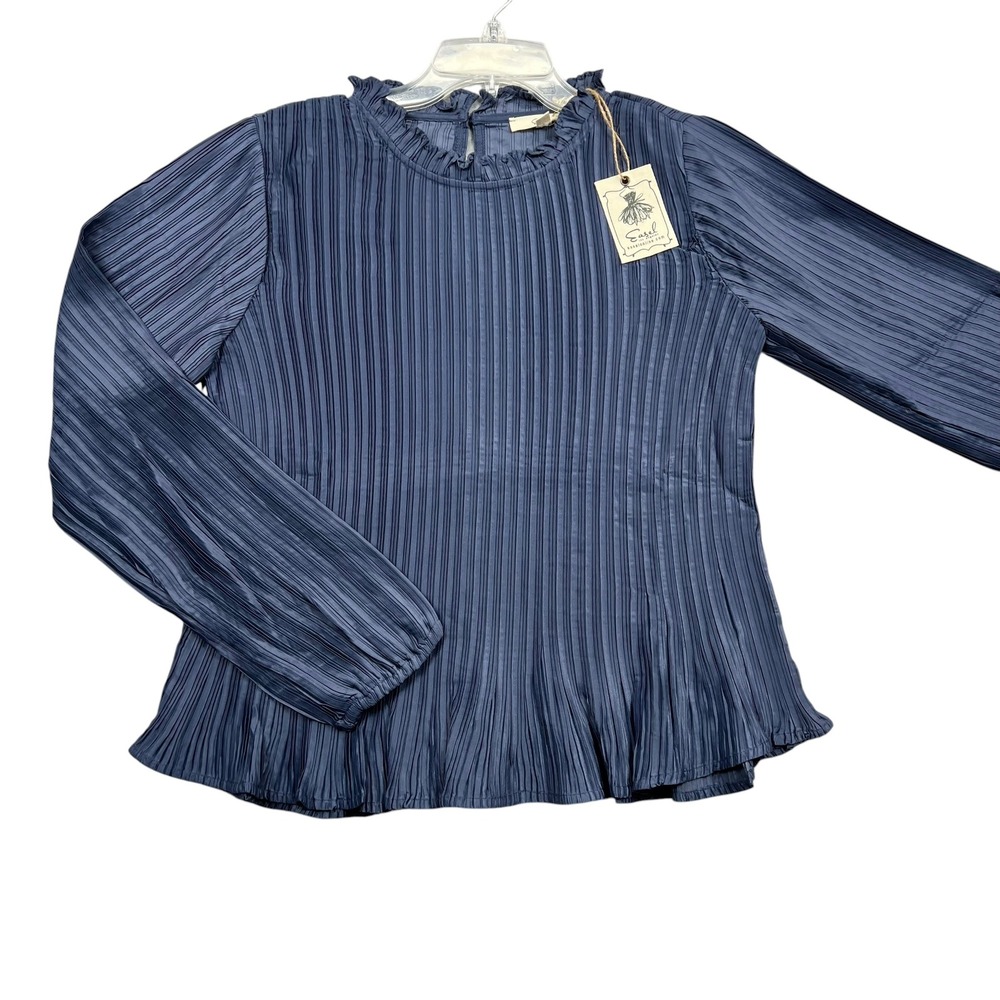 Easel Pleated Blouse Women L Blue Ruffle Neck Long Sleeve Micro Pleat Top
